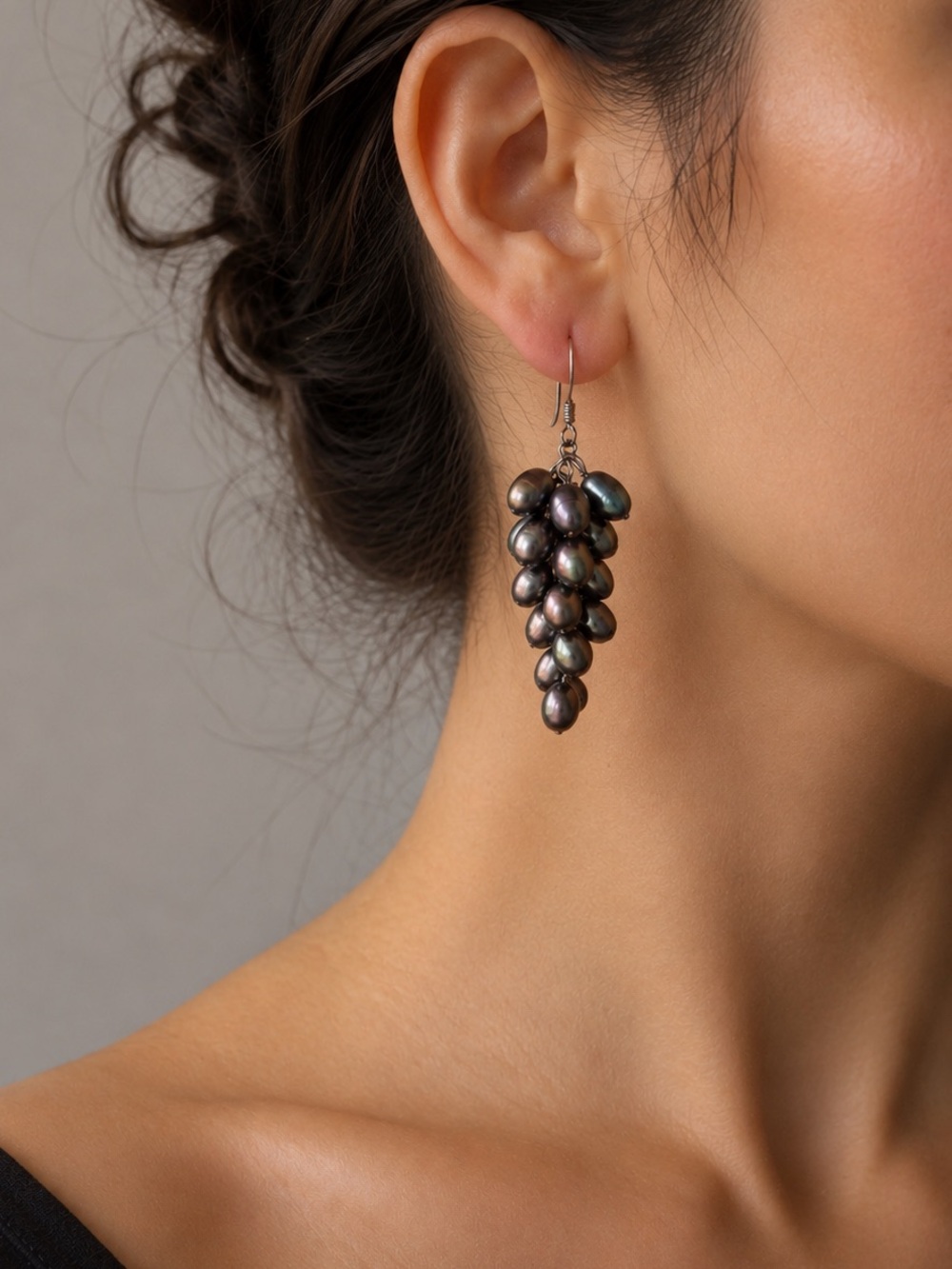 Vintage Black Freshwater Pearl Cluster Dangle Earrings